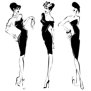 Siyah ve beyaz retro seti, moda modelleri siluet kroki tarzı. Çizilmiş vektör çizim el