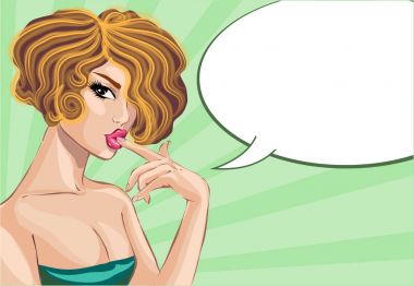 Konuşma balonu, pop art komik kız portre, vektör çizim tarzı seksi kadınla kadar pin