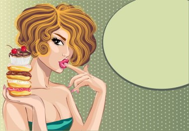 Çörek ve kek, pop art komik kız portre konuşma balonu, vektör çizim tarzı seksi kadınla kadar pin