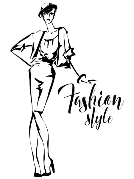 Zwart-wit retro fashion model silhouet schets stijl. Hand getekende vectorillustratie — Stockvector