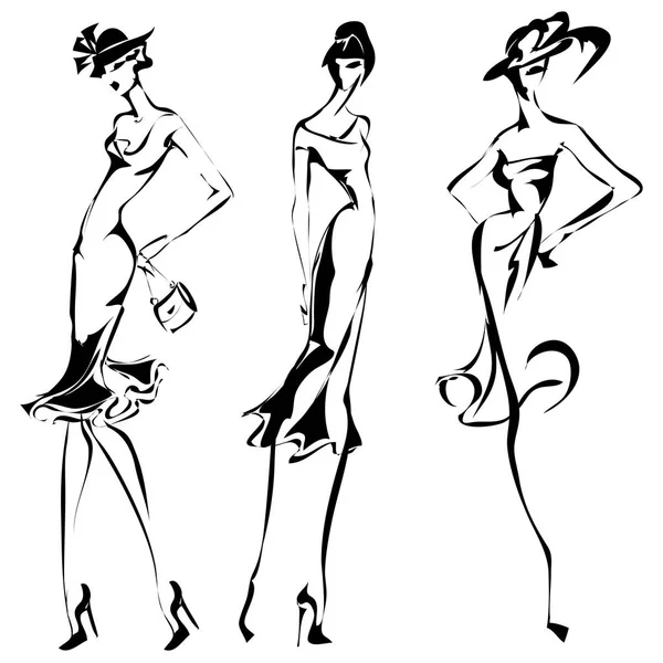 Conjunto retro preto e branco, modelos de moda estilo de esboço de silhueta. Ilustração vetorial desenhada à mão —  Vetores de Stock