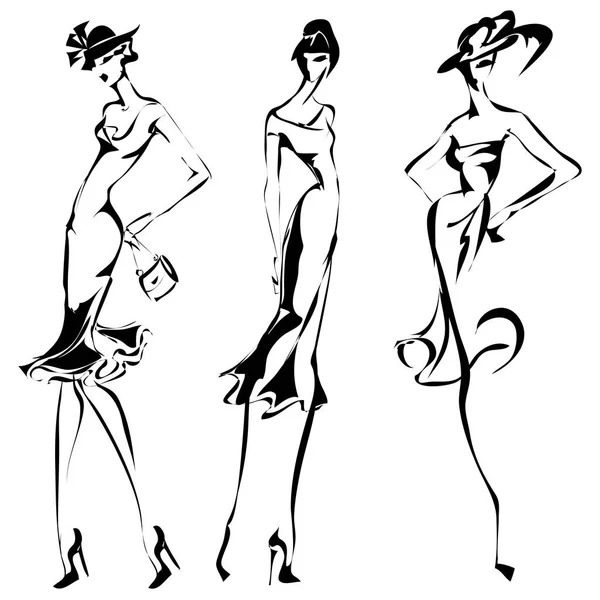 Schwarz-weißes Retro-Set, Silhouetten-Skizzenstil der Models. handgezeichnete Vektor-Illustration — Stockvektor