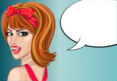 Stil kadın portre konuşma balonu, pop art kız yüz, vektör çizim ile pin
