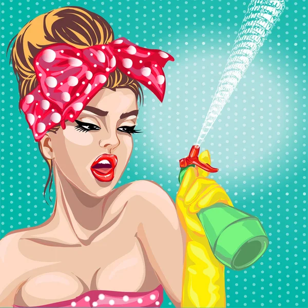 Pin-up potret ibu rumah tangga dengan wiper. housekeeping, sexy wife, hand drawn vector illustration - Stok Vektor