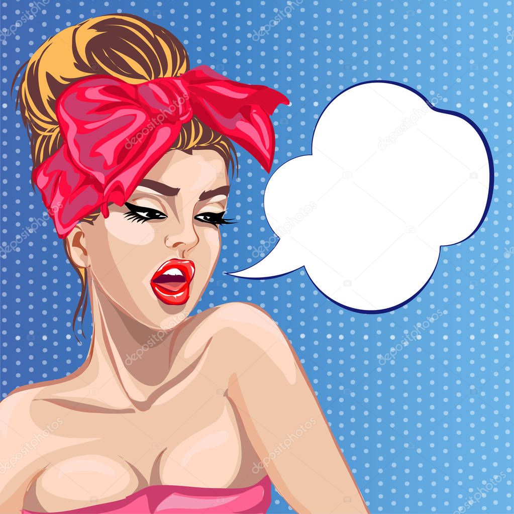 Pin up style woman portrait with speech bubble, pop art girl face, vector illustration