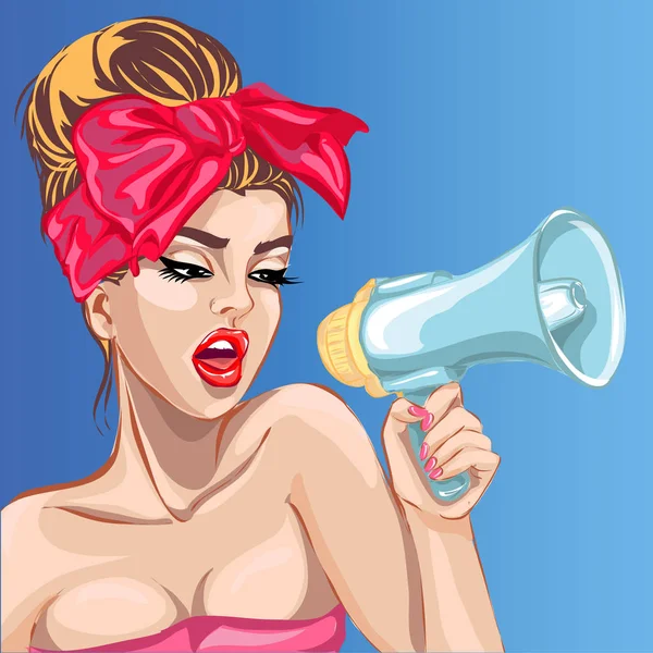 Pop arte menina sexy com megafone. Mulher com altifalante. Ilustração do vetor Pin-up —  Vetores de Stock