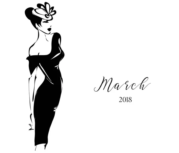 黑色和白色时尚日历与女人模型轮廓标志。手工绘制的矢量图 — 图库矢量图片