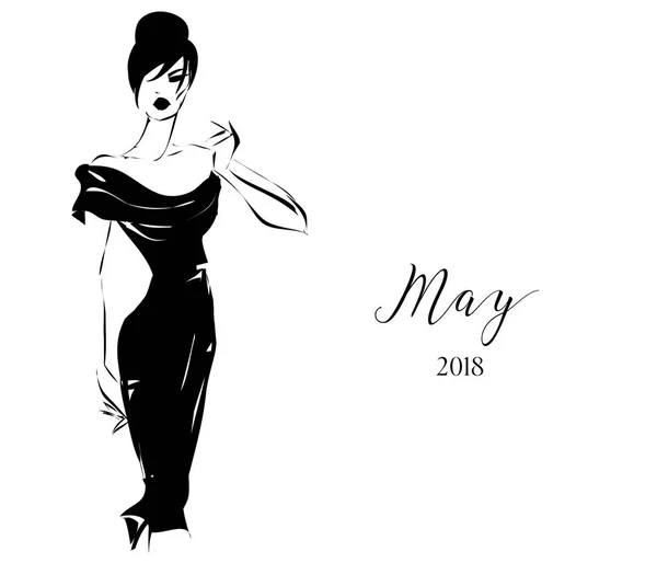 Zwart-wit mode kalender met vrouw model silhouet logo. Hand getekende vectorillustratie — Stockvector