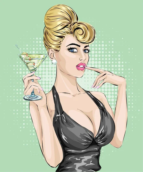 Gadis seksi minum martini. Ilustrasi vektor gambar tangan seni pop - Stok Vektor