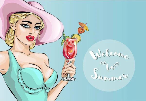 Pin Up sexy bikini model, hete vrouw in zwembroek, zomer strand kijken meisje met coctail, welkom teken vector illustratie — Stockvector