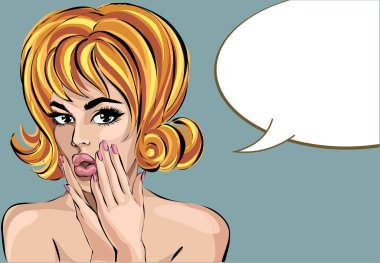 Stil seksi hayal kadın portre ile konuşma balonu, yukarı yönde seyir pop sanat kız kadar pin, vektör