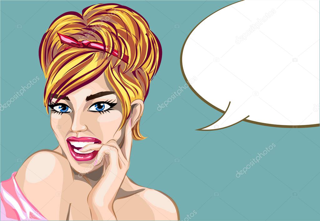 Pin up style sexy dreaming woman portrait with speech bubble, pop art girl looking up face, vector