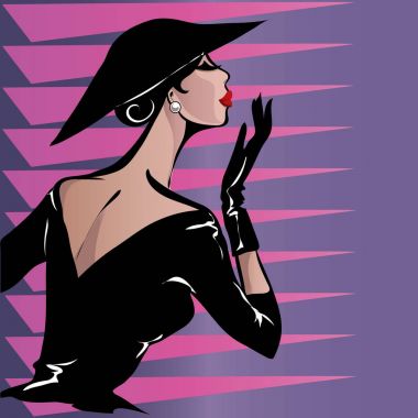 Siyah ve beyaz retro moda kadın modeli. Elle çizilmiş vektör