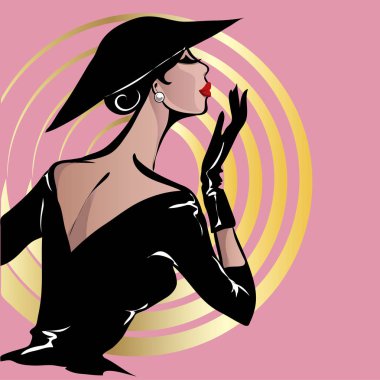 Siyah ve beyaz retro moda kadın modeli. Elle çizilmiş vektör