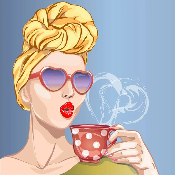 Femme sexy style pin-up avec tasse de thé du matin. Pop Art fille, lunettes de soleil coeur, turban de tête, vecteur — Image vectorielle