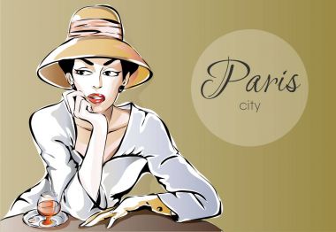 Bir bardak şarap ile sokak kafede oturan güzel Parisien kadın. Paris şehir vektör çizim rüya kız
