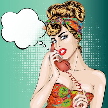 Seksi Pin-up kadın telefon aramayý cevaplar. Vektör pop art comic retro tarzı çizim