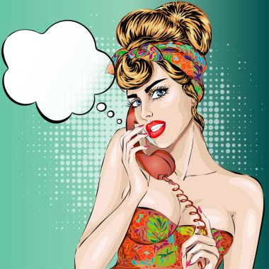 Seksi Pin-up kadın telefon aramayý cevaplar. Vektör pop art comic retro tarzı çizim