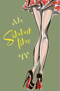 Seksi güzel kadın bacaklar siyah yüksek topuklu giyiyor. Moda illüstrasyon, vektör yaz saati yazı fırça el ile