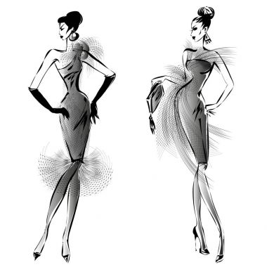 Siyah ve beyaz retro seti, moda modelleri siluet kroki tarzı. Çizilmiş vektör çizim el