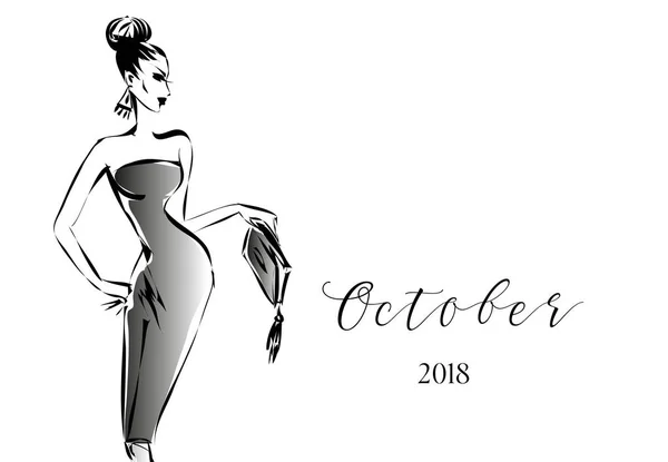 Calendario de moda en blanco y negro con logotipo de silueta modelo mujer. Ilustración vectorial dibujada a mano — Archivo Imágenes Vectoriales