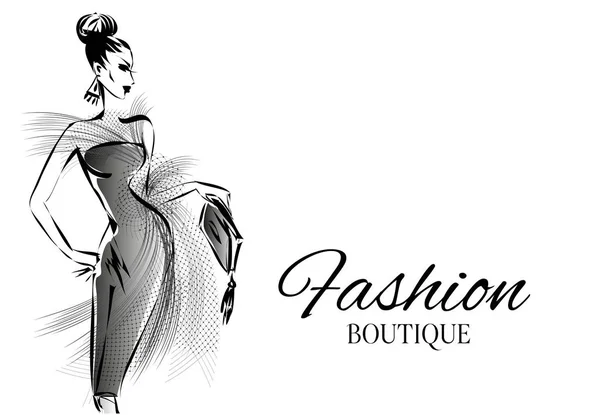 Zwart-wit retro fashion model silhouet schets stijl. Hand getekende vectorillustratie — Stockvector