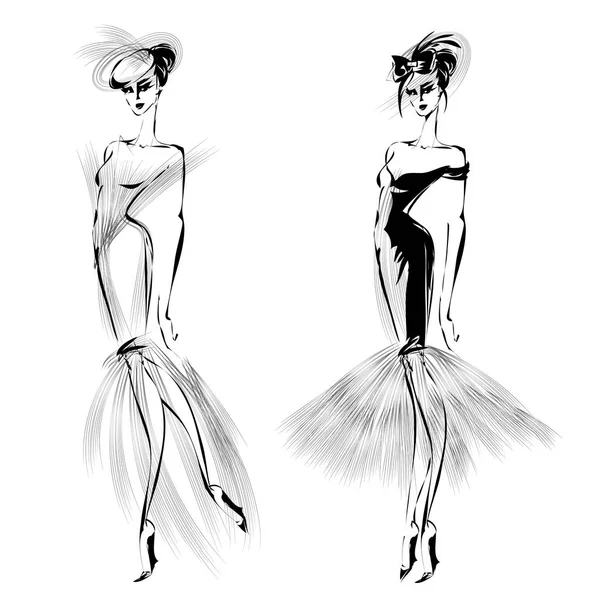 Siyah ve beyaz retro seti, moda modelleri siluet kroki tarzı. Çizilmiş vektör çizim el