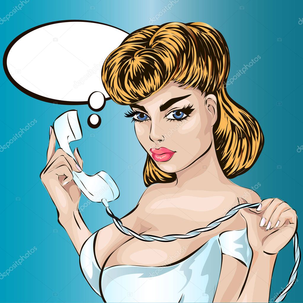 Sexy Pin-up woman answers a phone call. Vector pop art comic retro style illustration