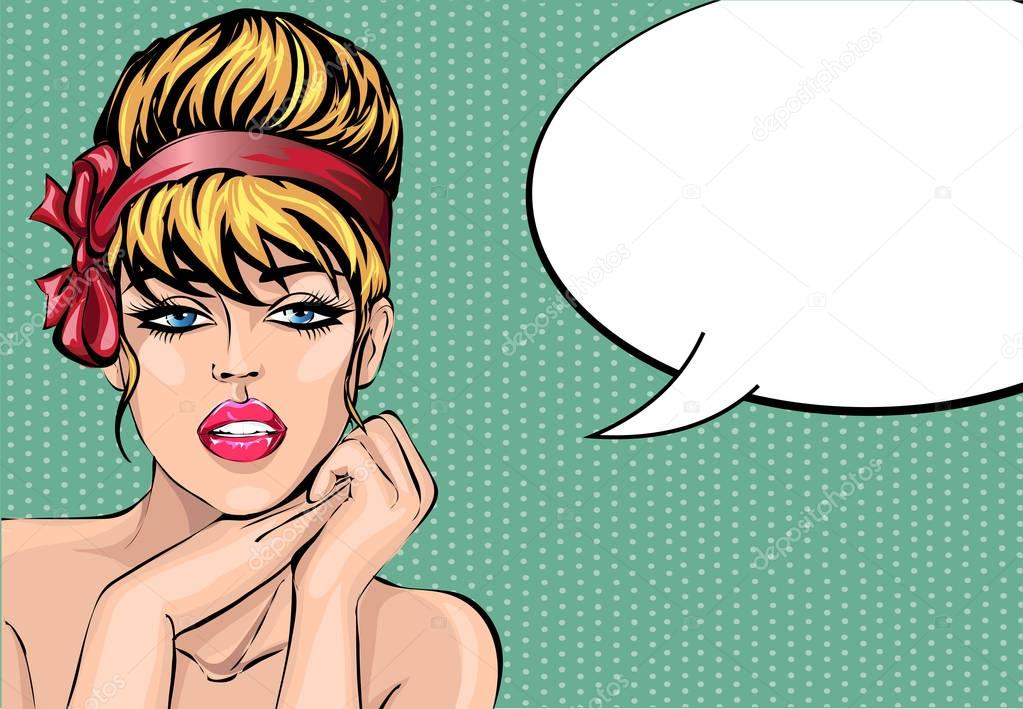 Pin up style sexy beautiful woman portrait with speech bubble, pop art comic girl looking forward vector illustration