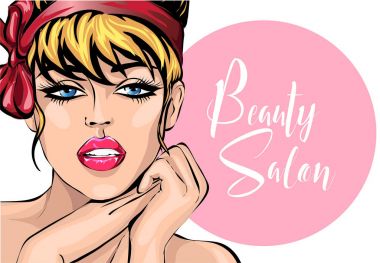 Stil seksi güzel kadın portre ile konuşma balonu güzellik salonları, yukarı pop sanat komik kız vektör çizim dört gözle pin