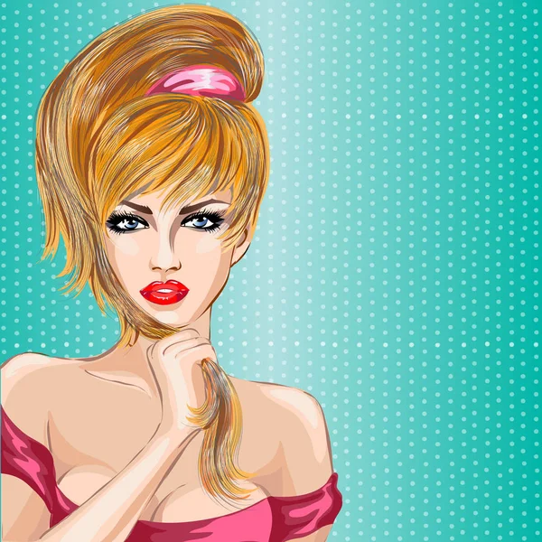 Pin-up-Stil sexy schöne Frauenporträt, Pop-Art-Comic-Mädchen freuen sich Vektor-Illustration — Stockvektor