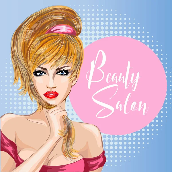 Épingler style sexy belle femme portrait avec parole bulle salon de beauté, pop art bande dessinée fille impatiente illustration vectorielle — Image vectorielle