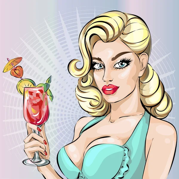 Pin up-sexy bikini model met coctail, zomer blik vrouw portret, vectorillustratie — Stockvector