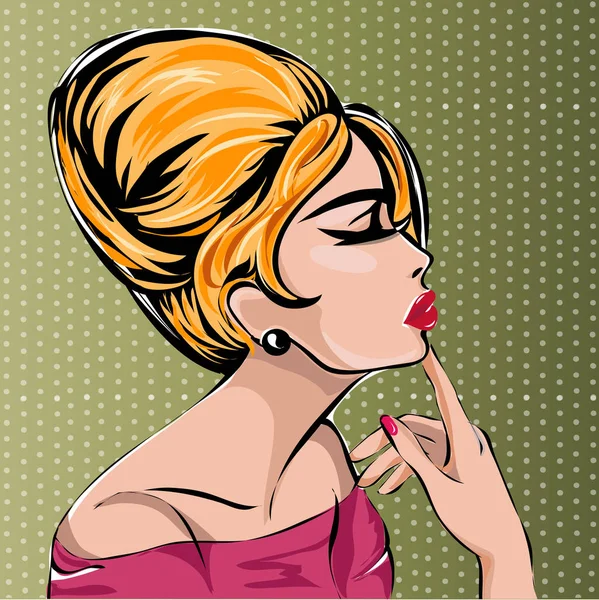 Retro retrato de perfil de mujer de moda en estilo vintage fondo verde con puntos, vector — Vector de stock