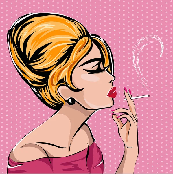 레트로 패션 여자 흡연 담배 분홍색 배경, 빈티지 스타일 벡터에 금발 아가씨 프로필 초상화 — 스톡 벡터