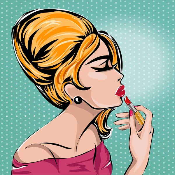 Retro mujer de moda con perfil de lápiz labial retrato en fondo de estilo vintage con puntos, vector — Vector de stock