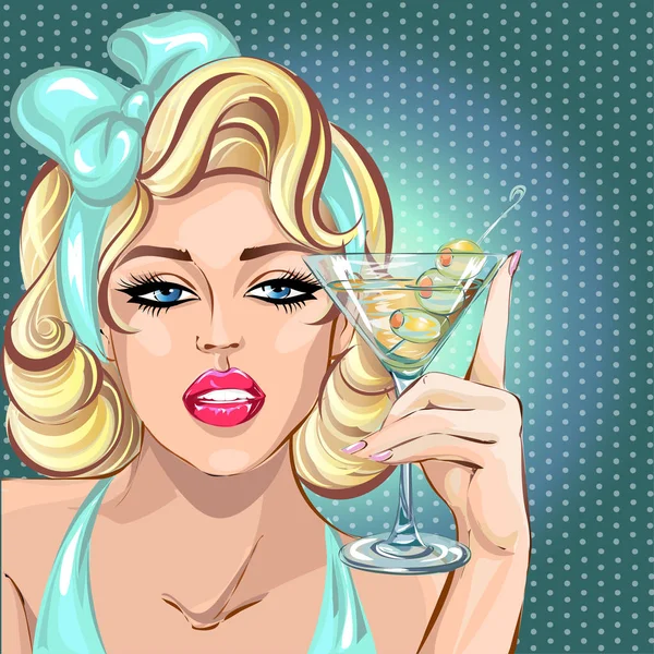 Pin hasta sexy mujer rubia beber martini, retrato de chica de arte pop, celebrar ver vector ilustración — Archivo Imágenes Vectoriales