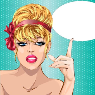 Pin up style sexy beautiful woman portrait with speech bubble, pop art comic girl looking forward vector illustration vector Pin up style sexy beautiful woman portrait with speech bubble, pop art comic girl looking forward vector illustration vector