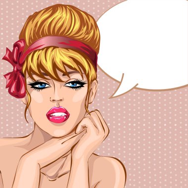 Stil seksi güzel kadın portre ile konuşma balonu, yukarı pop sanat komik kız vektör çizim dört gözle pin