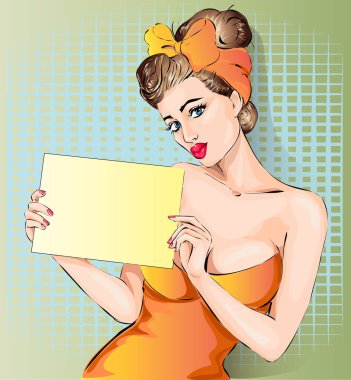 Sexy pin up woman holding signboard, hand drawn vector clipart