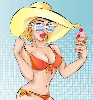 Pin-up seksi bikini kadın dondurma bir plajda, elle çizilmiş vektör ile