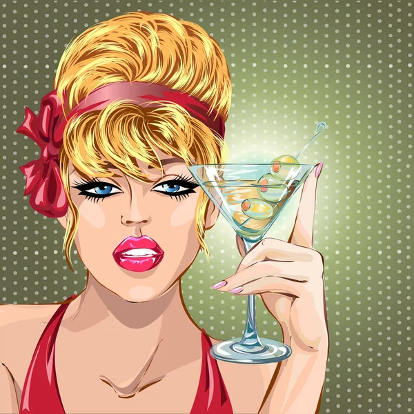Pin hasta sexy mujer rubia beber martini, retrato de chica de arte pop, celebrar ver vector ilustración — Vector de stock