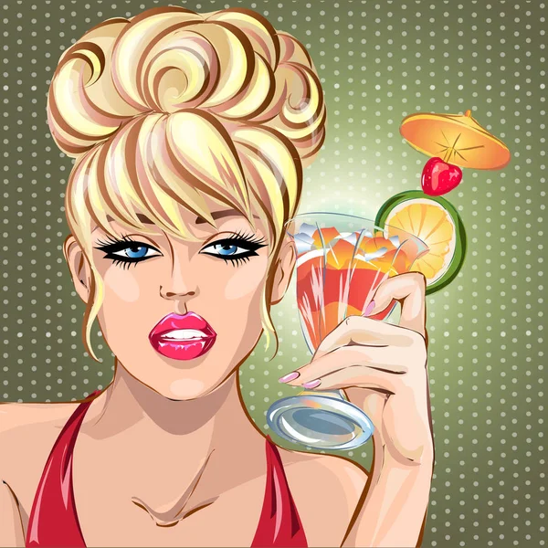 Pin hasta sexy mujer rubia beber cóctel de verano, retrato de chica de arte pop, celebrar ver vector ilustración — Archivo Imágenes Vectoriales