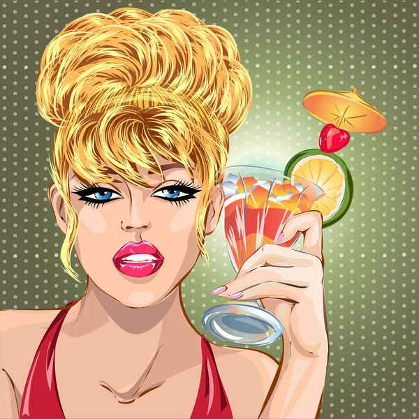 Pin up sexy blonde woman drinking summer cocktail, pop art girl portrait, celebrate look vector illustration — Stock Vector