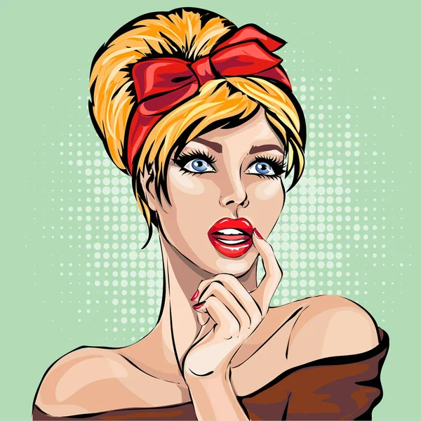 Pin up style sexy dreaming woman portrait, pop art girl looking up face, vector — Stock Vector