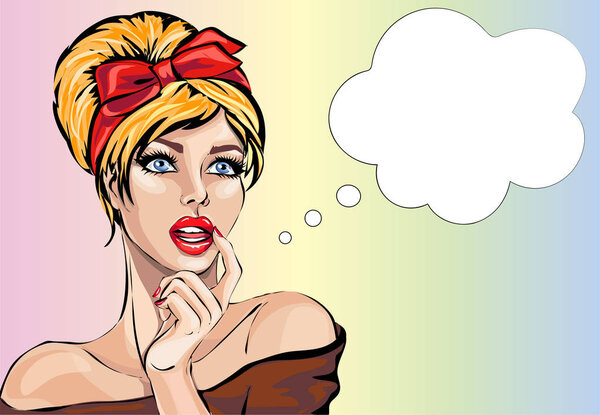 Pin up style sexy dreaming woman portrait with speech bubble, pop art girl looking up face, vector