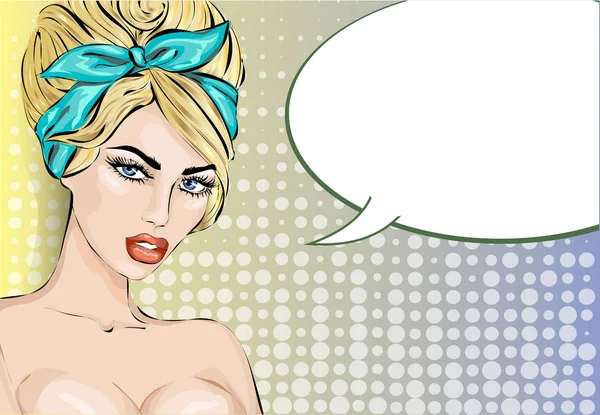 Stil seksi güzel kadın portre ile konuşma balonu, yukarı pop sanat komik kız vektör çizim dört gözle pin