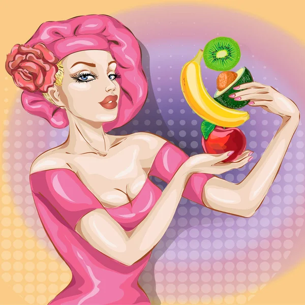 Pop-art szexi nő portré gyümölcsökkel — Stock Vector