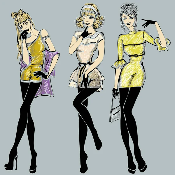 Ensemble de mannequins de mode femmes esquisse style dessiné à la main vecteur — Image vectorielle