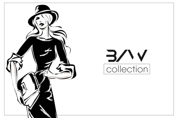 Zwart-wit vrouw mannequin met boutique logo achtergrond. Vectorillustratie — Stockvector